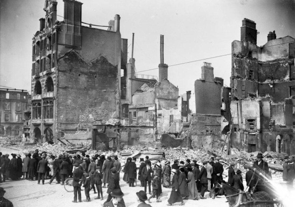 The remains of the Dublin Bread Company at Lower Sackville Street (now O'Connell Street) after the Easter Rising in April 1916. (Wikimedia)