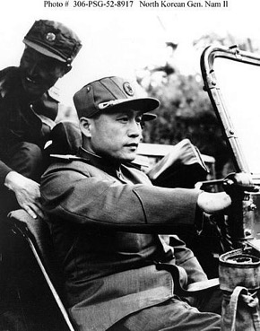 General Nam Il sitting in a Russian-made jeep, waiting to depart from the Korean War Armistice Negotiations site at Kaesong, Korea. (U.S. Information Agency)